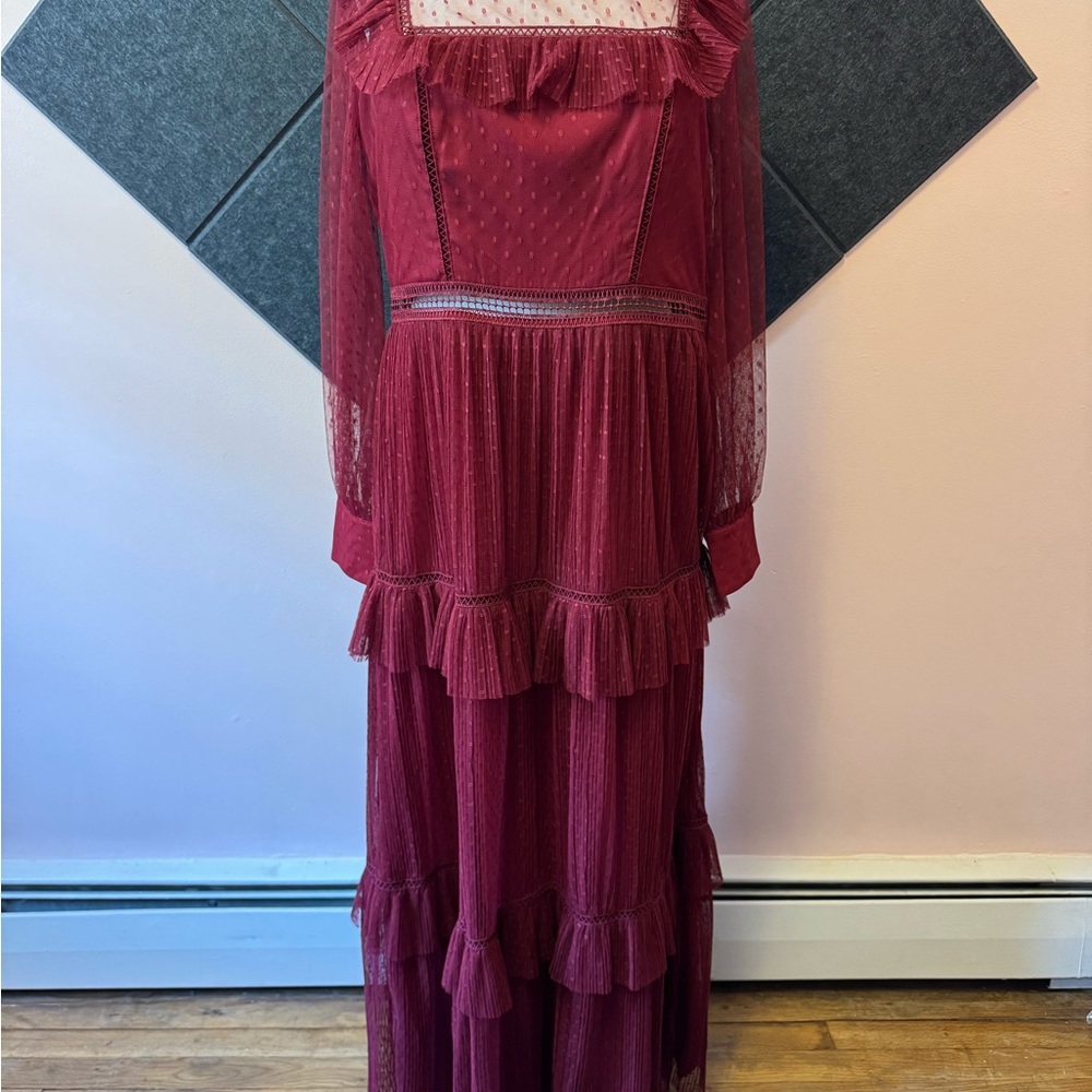 Red Ruffled Tiered Cocktail Gown with Square Neck